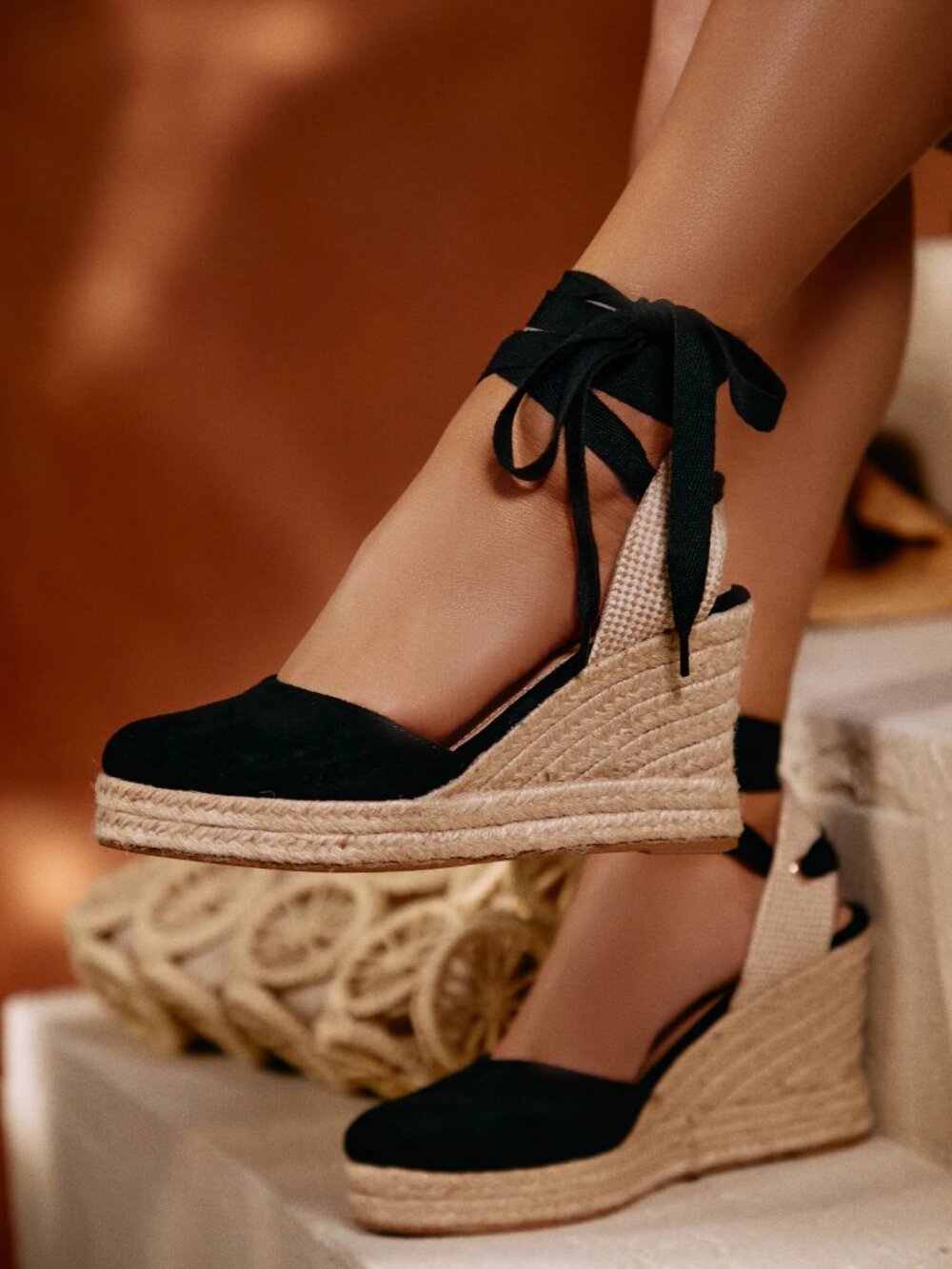 BAMBOO Black and Natural Espadrille Wedge Sandals with Ankle Tie